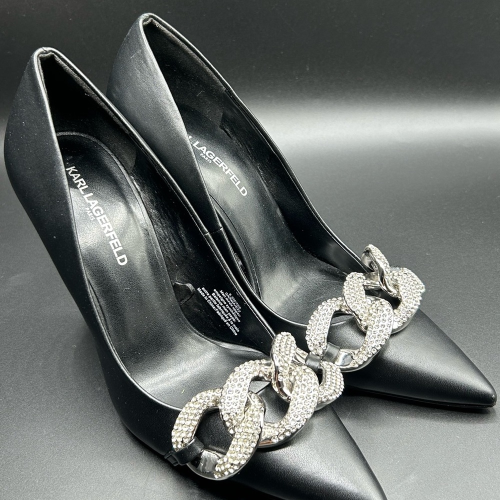 Karl Lagerfeld Black Pointy Toe Stilettos w/Link Chain Design Over Toe - Picture 3 of 12